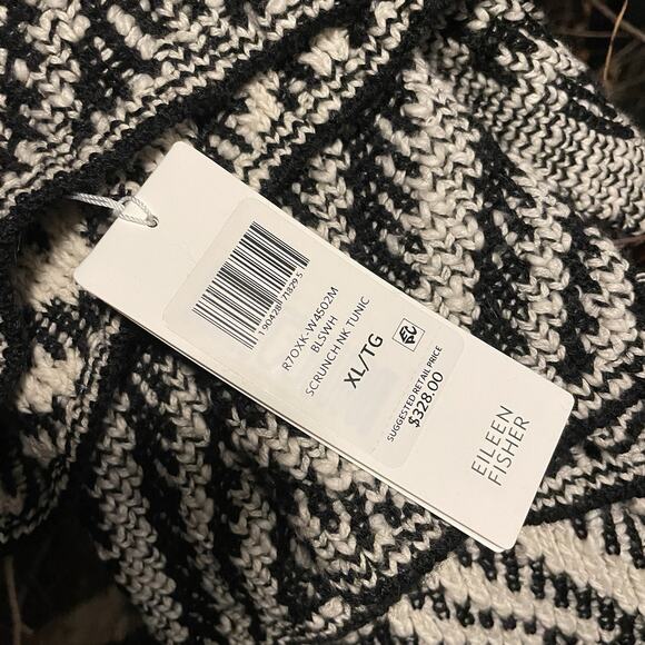 Eileen Fisher Scrunch Neck Tunic Top Sweater Dress Black Ivory Chevron XL NWT - Picture 2 of 9